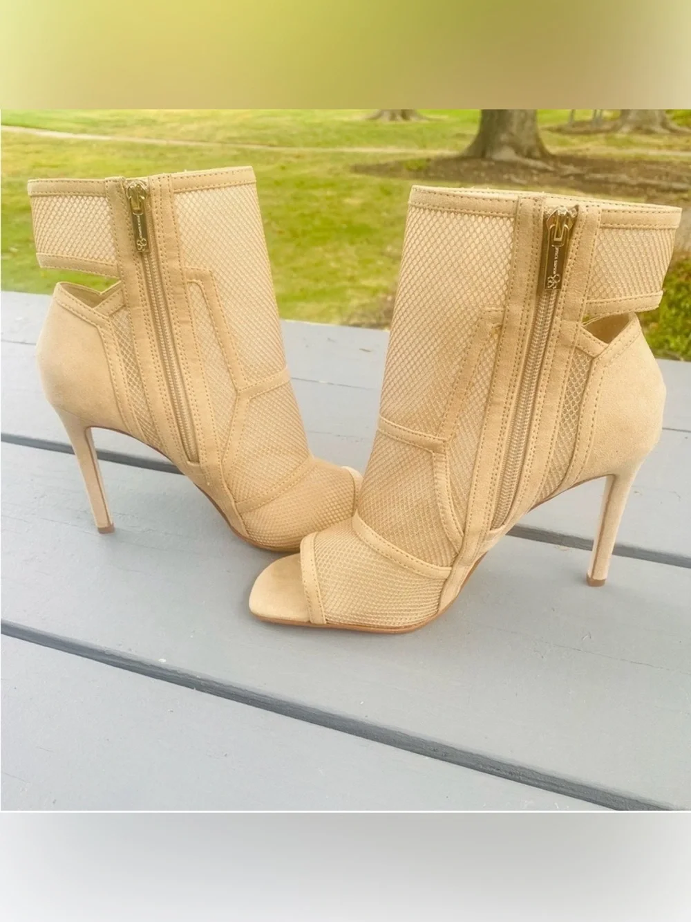 Jessica Simpson Jassie Mesh Peep Toe Booties Beige/Tan Size 8.5 NWOT